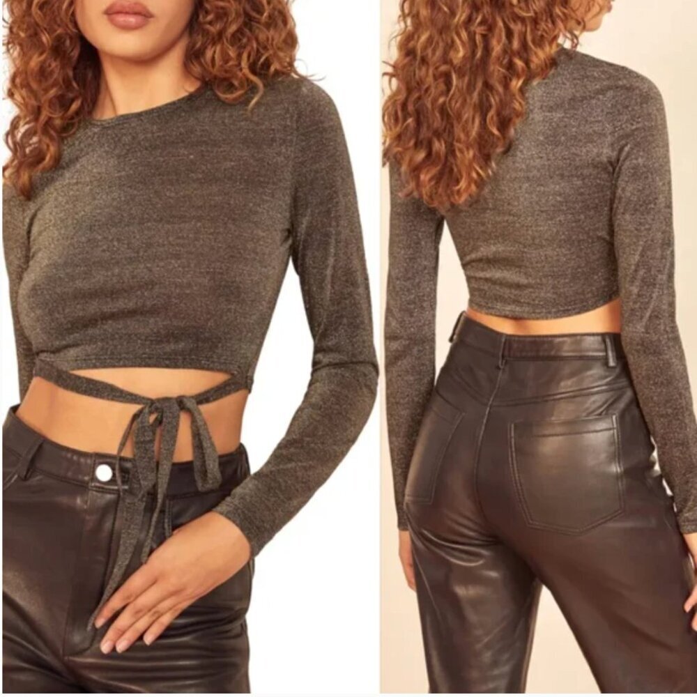 Reformation Jupiter Metallic Crop Top Long Sleeve Tie Blouse Black Gold Large
